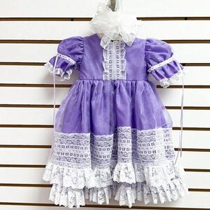 Girls Lavender Lace Party Dress with White Trim